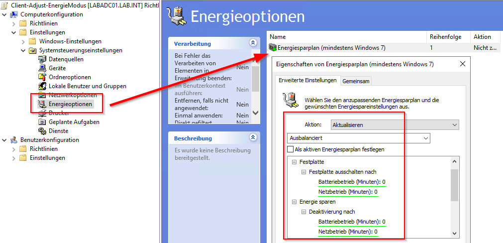 Windows Clients - GPO - Energiemodus für Dauerbetrieb deaktivieren