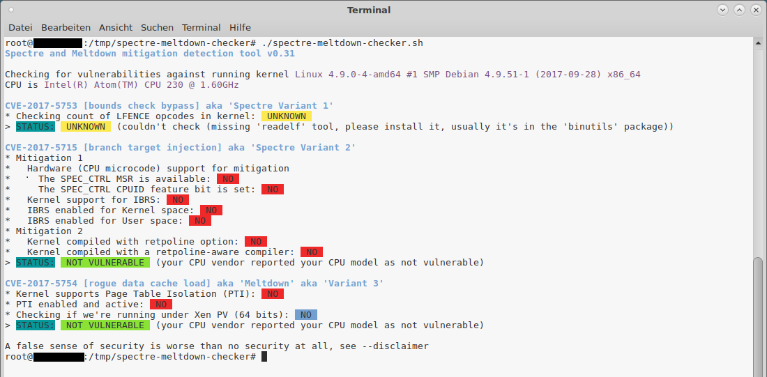 GitHub Script für Spectre Meltdown Check auf Linux Systemen - Ausführung