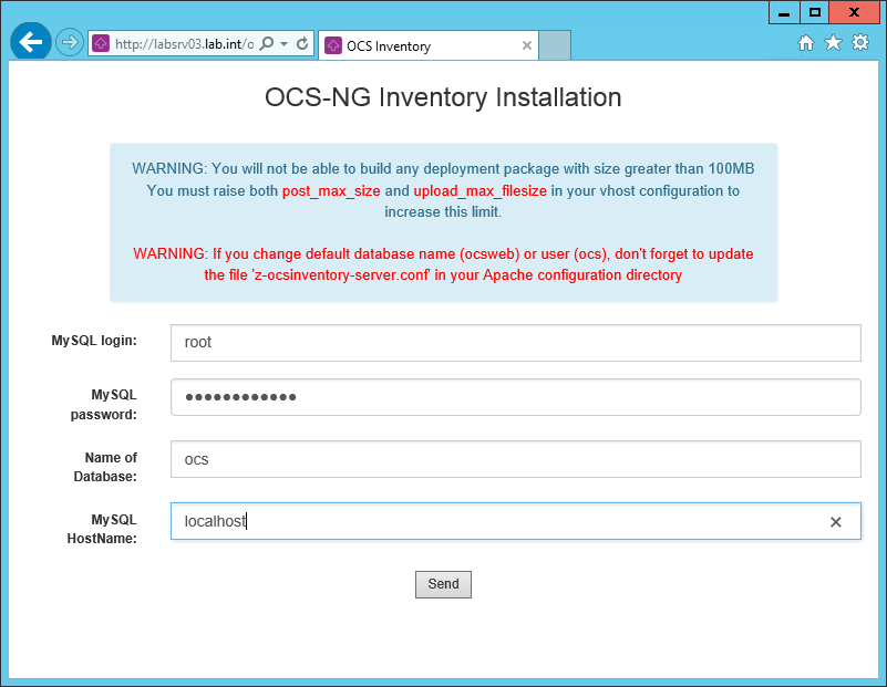 OCS Inventory - Web DB Seupt