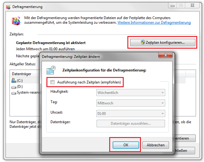 Windows 7 Defragmentierung abschalten