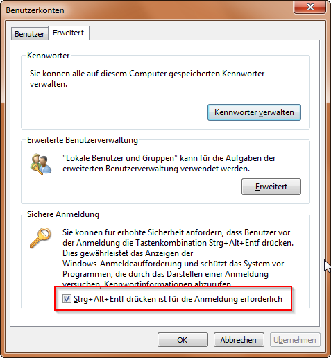 Windows Systemsteuerung Sichere Anmeldung deaktivieren