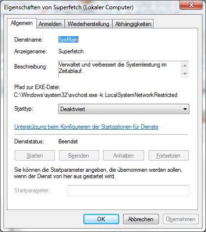Windows 7 Superfetch deaktivieren