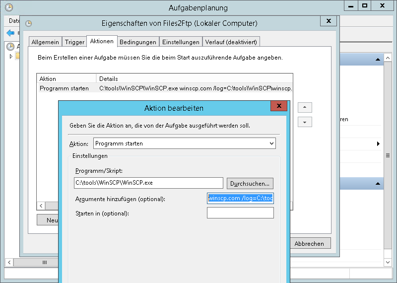 Windows Aufgabenplanung - WinSCP Sync Beispiel